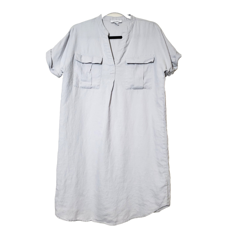 PURE NAVY 100% Linen Womens Small Shirt Dress Pockets Button Down Gray Shift